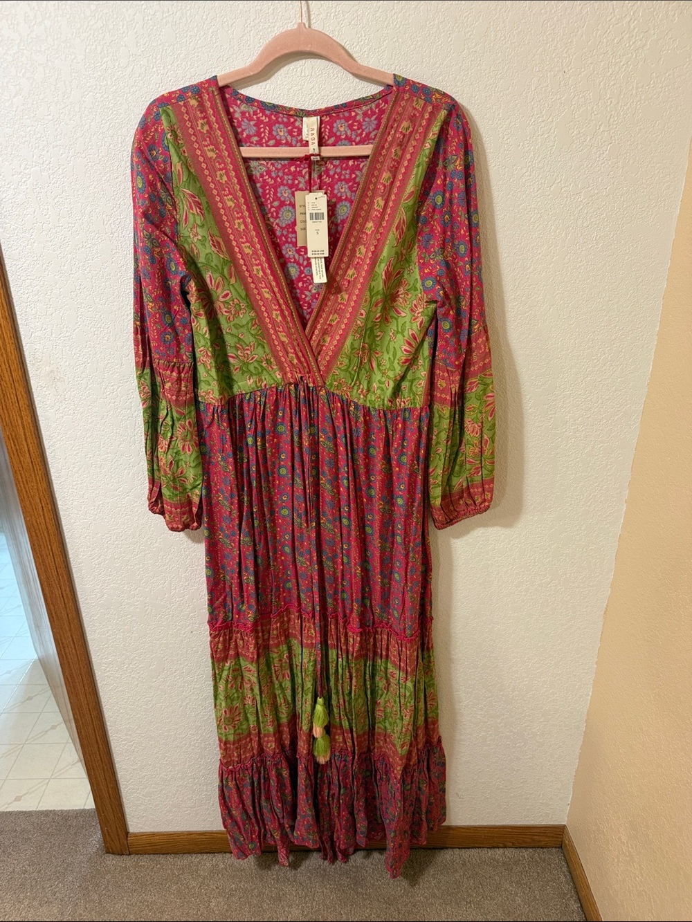 RAGA Bohemian V-Neck Maxi Dress in Pink & Green